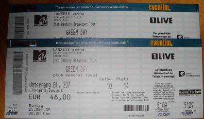 Verkaufe Green Day Sitzplatzkarten für Köln am 5.10.09